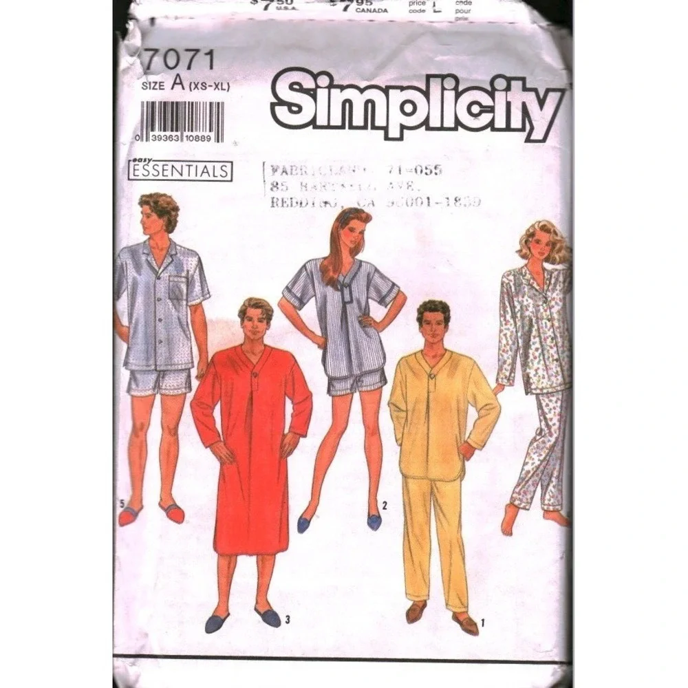 Simplicity 7071 Sewing Pattern Nightshirt Pajamas Men Women Teen XS-XL‎ CUT XL
